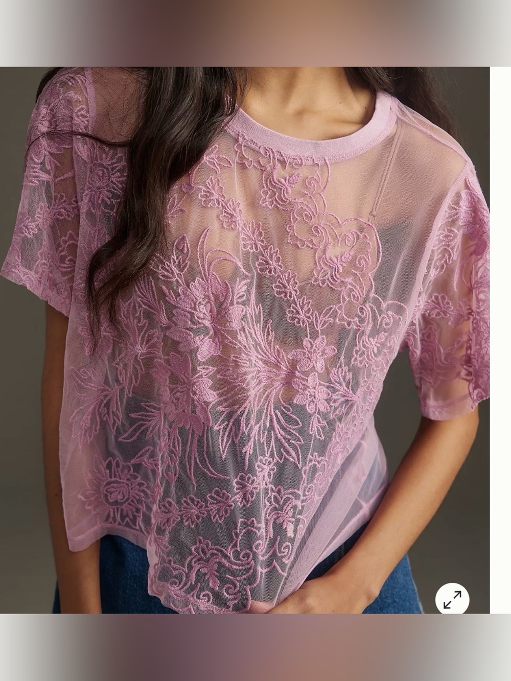 By Anthropologie Short-Sleeve Embroidered Mesh Blouse Top Sheer medium - Picture 4 of 12